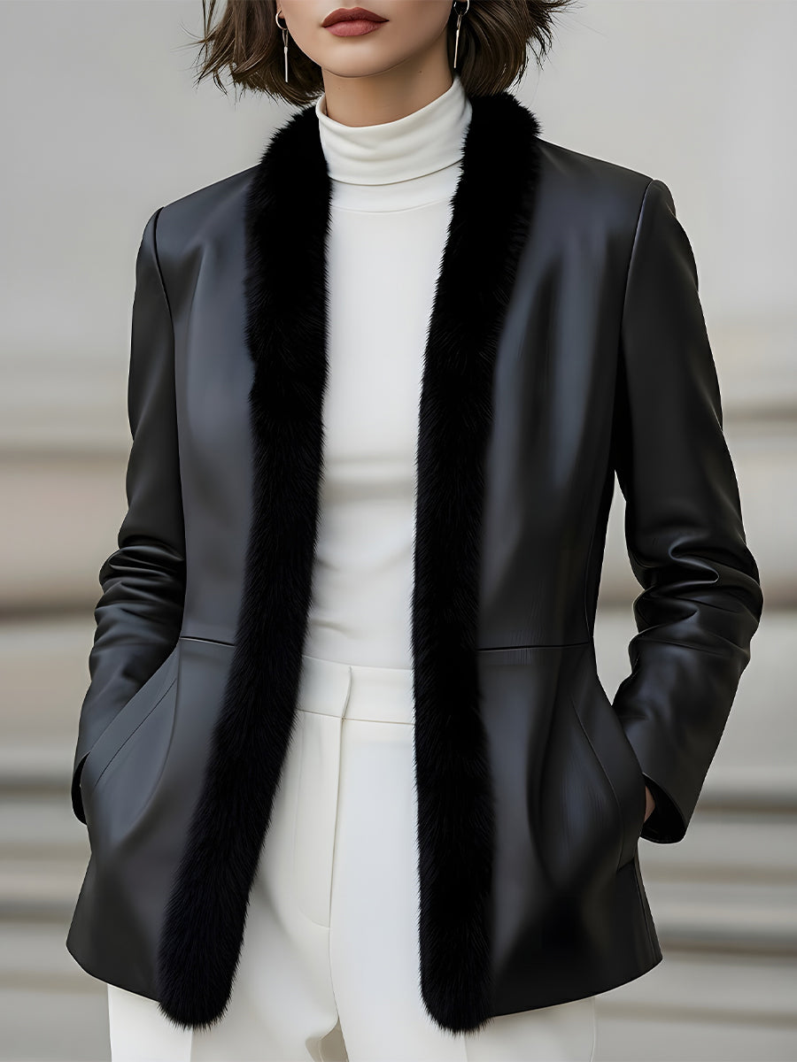 Faux Leather Blazer With Fur Trim