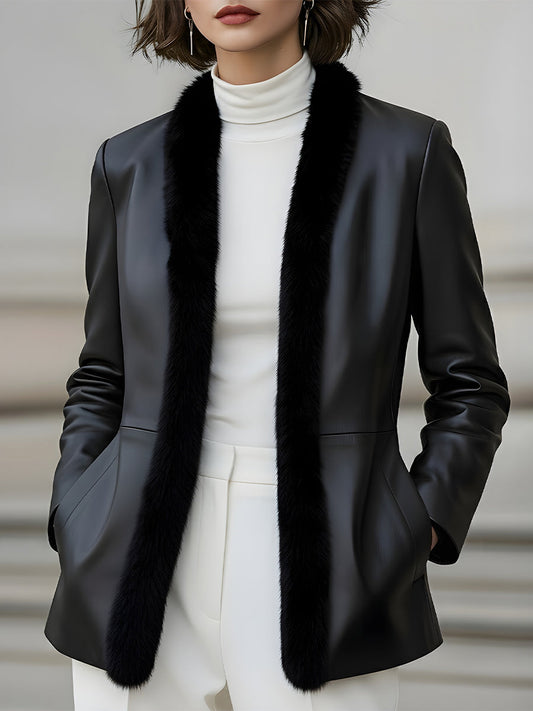 Faux Leather Blazer With Fur Trim