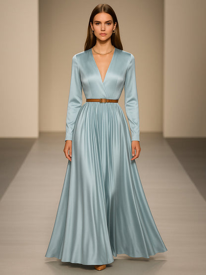 Elegant And Fashionable V-neck Light Blue Satin Maxi Dress
