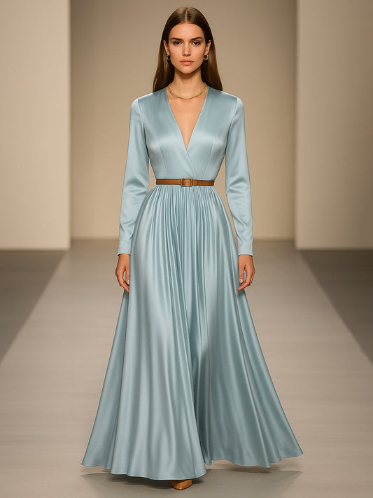 Elegant And Fashionable V-neck Light Blue Satin Maxi Dress