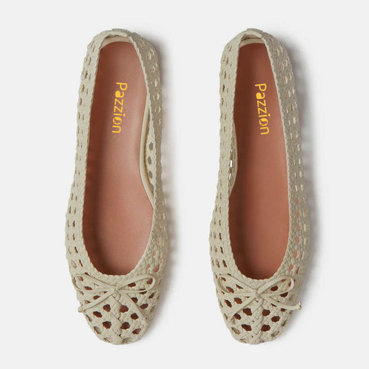 Beige Square Toe Vegan Leather Hollow-Out Bow Flat Shoes Women