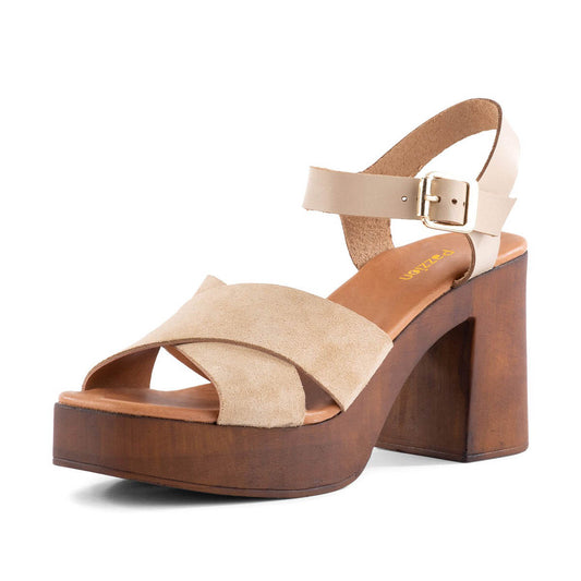 Beige Open Toe Ankle Strap Buckle Platform Sandals for Women