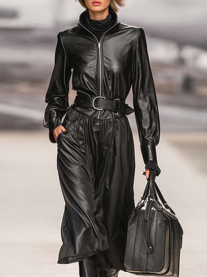 Fashionable Cool Lapel Black Faux Leather Front Zipper Long Sleeve Maxi Dress