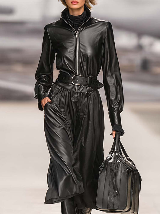 Fashionable Cool Lapel Black Faux Leather Front Zipper Long Sleeve Maxi Dress
