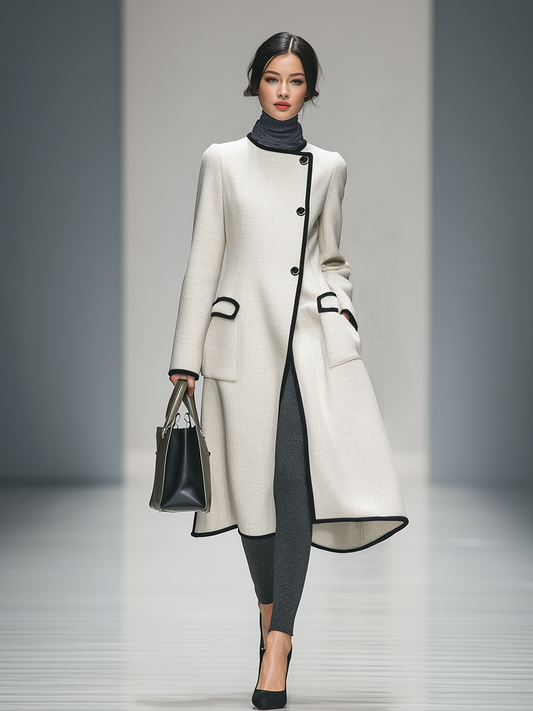 Elegant Retro Contrasting Color Edge Round Neck Long Sleeve Coat