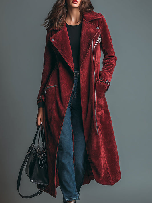 Elegant Vintage Burgundy Faux Suede Long Coat