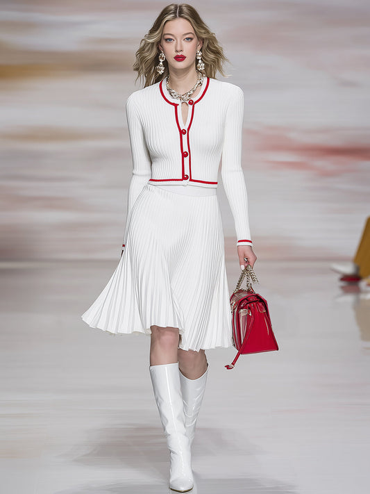 Fashionable And Elegant Red Trim Button White Knitted Cardigan Pleated Skirt Set