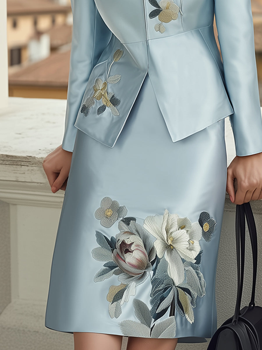 Elegant Light Blue Embroidered Skirt Suit With Zip-Up Jacket