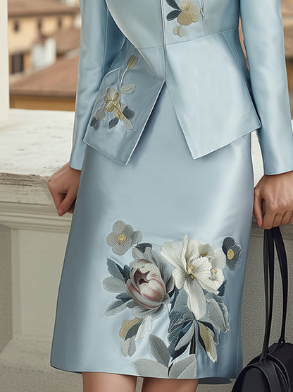 Elegant Light Blue Embroidered Skirt Suit With Zip-Up Jacket