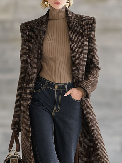 Fashion Retro Brown Houndstooth Wool Long Coat