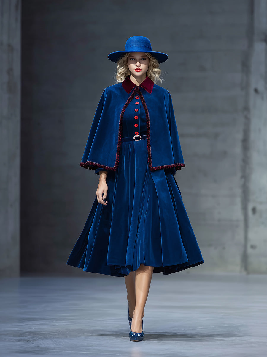 Elegant And Exquisite Color-block Collar Cape Long-sleeved Dress Blue Velvet Set