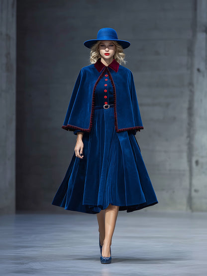 Elegant And Exquisite Color-block Collar Cape Long-sleeved Dress Blue Velvet Set