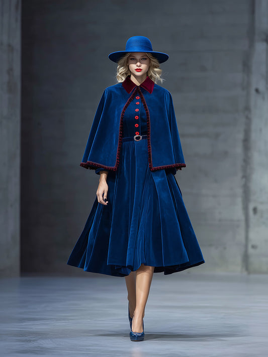 Elegant And Exquisite Color-block Collar Cape Long-sleeved Dress Blue Velvet Set
