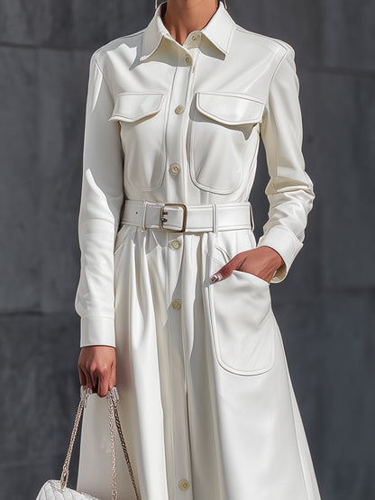 Faux Leather White Belted Maxi Shirt Dress