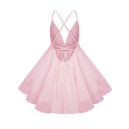 Quincie Pink Shirred Flounced Mini Dress