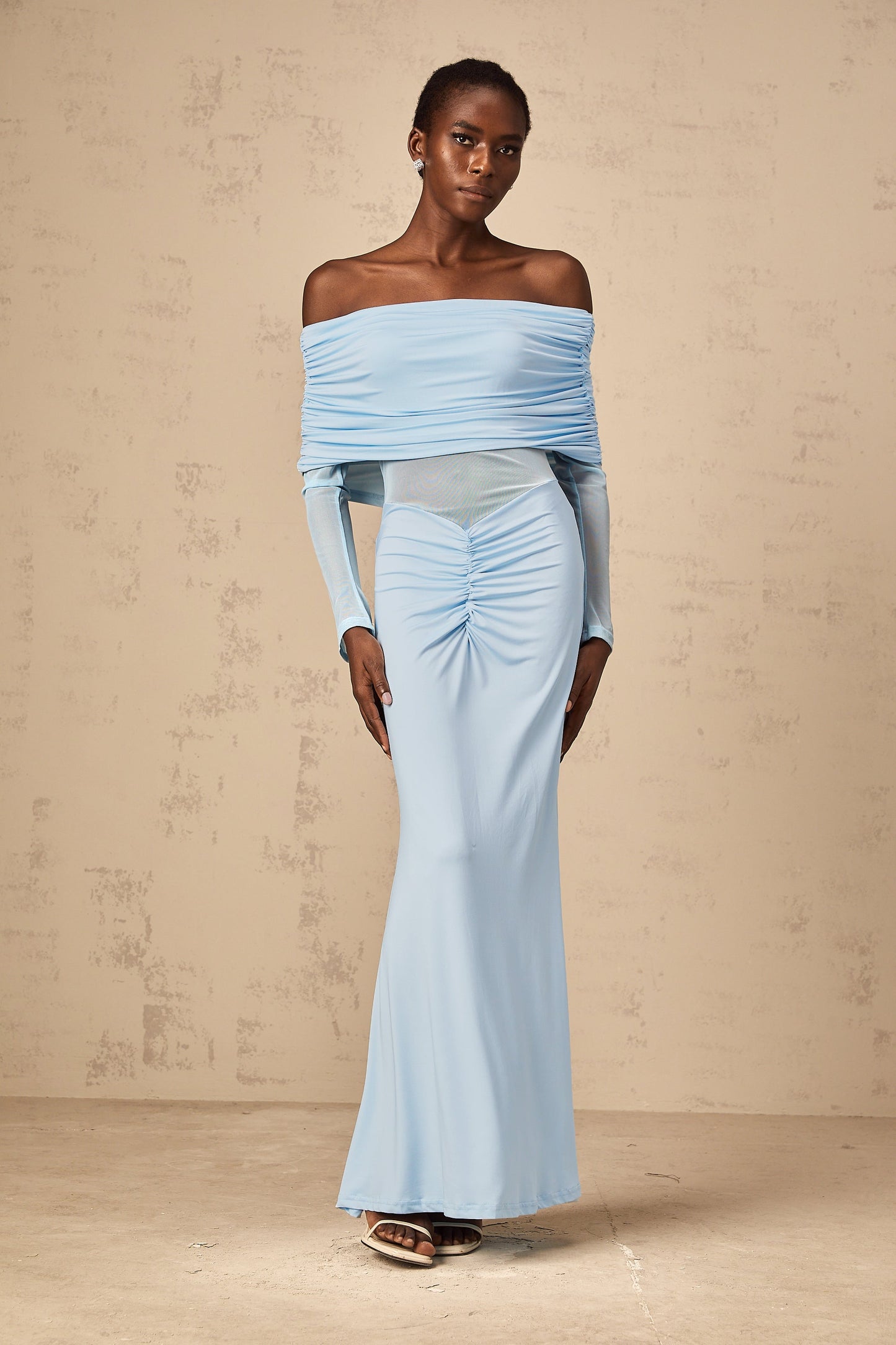 Ninon blue off-shoulder ruched maxi dress