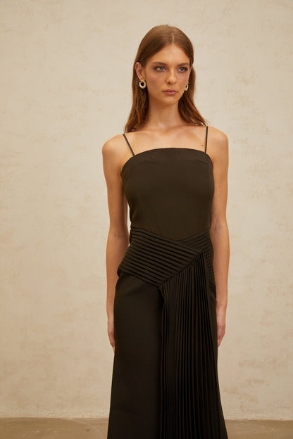 Déotille Brown Pleated Ribbon Midi Dress