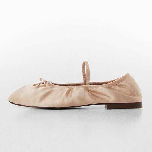 Beige Satin Round Toe Bow-Tie Slip-On Ballet Flat Shoes with Strap