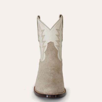 Beige & White Faux Suede Round Toe Chunky Heel Cowgirl Ankle Boots