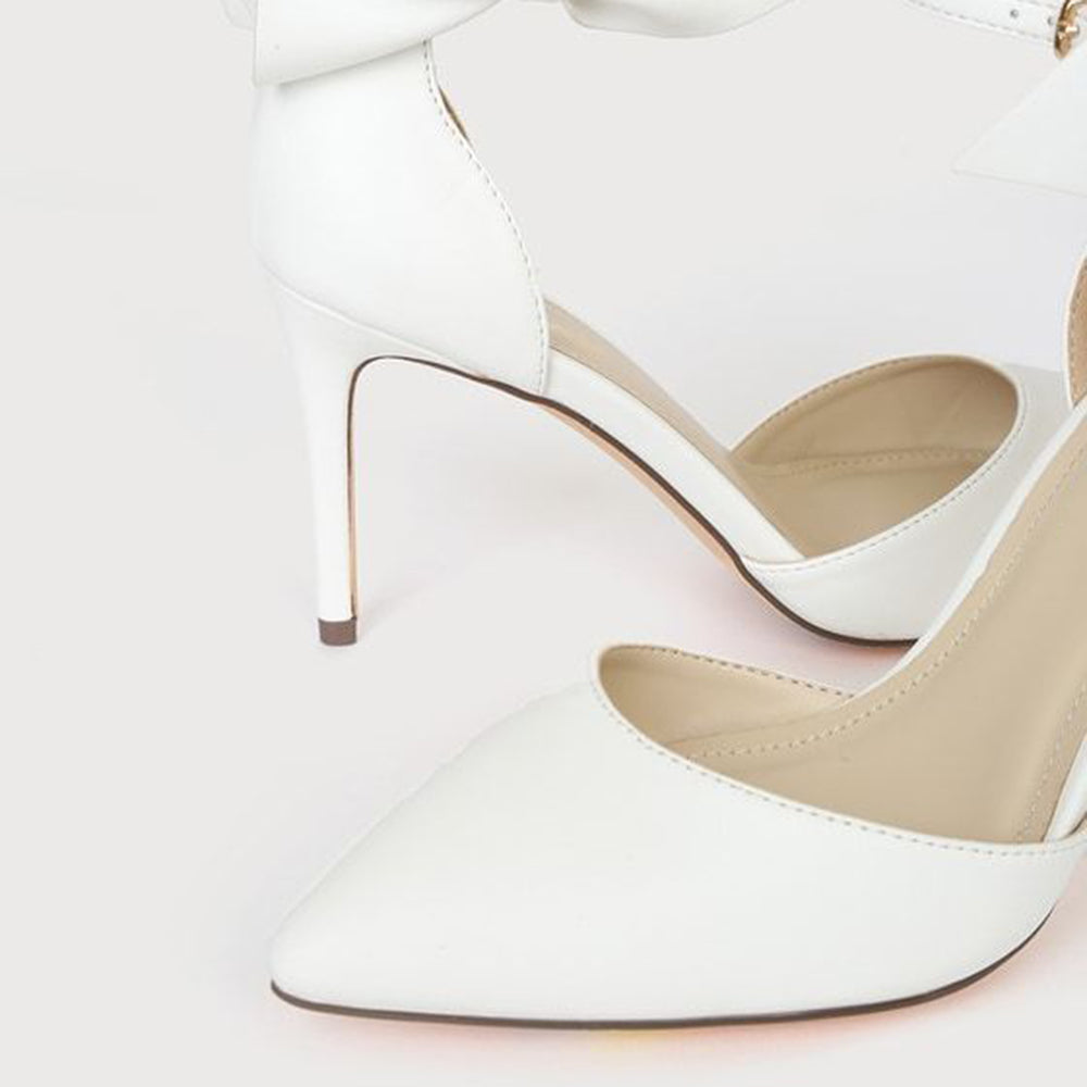 Elegant White Pointed Toe Bow Decorated Ankle Strap Pumps Heels