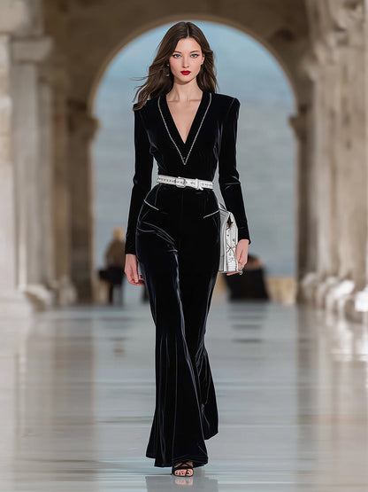 Elegant Black Velvet V-neck Flared Jumpsuit