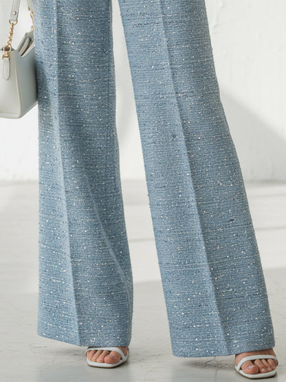 Elegant And Intellectual Blue Tweed Jacket And Wide-leg Pants Set