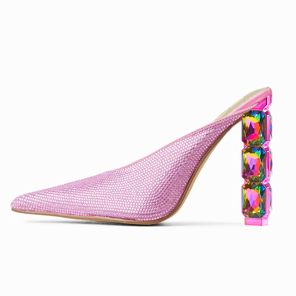 Elegant Pink Pointed Toe Decorative Heel Rhinestone Mules Sandals
