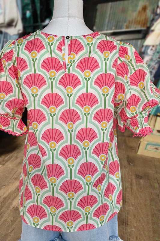 Floral Print Contrast V-Neck Puff Sleeve Top