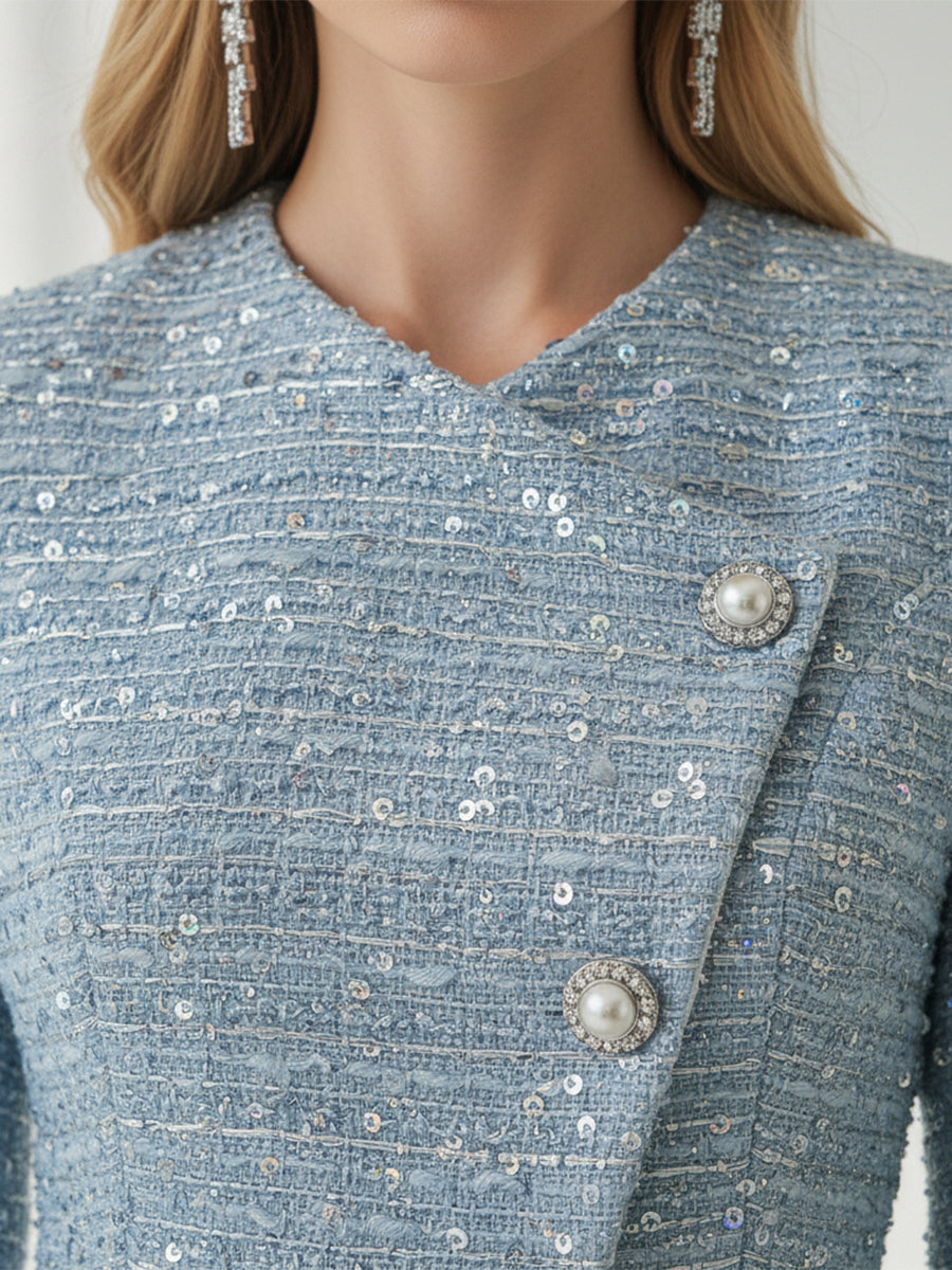 Elegant And Intellectual Blue Tweed Jacket And Wide-leg Pants Set