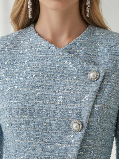 Elegant And Intellectual Blue Tweed Jacket And Wide-leg Pants Set