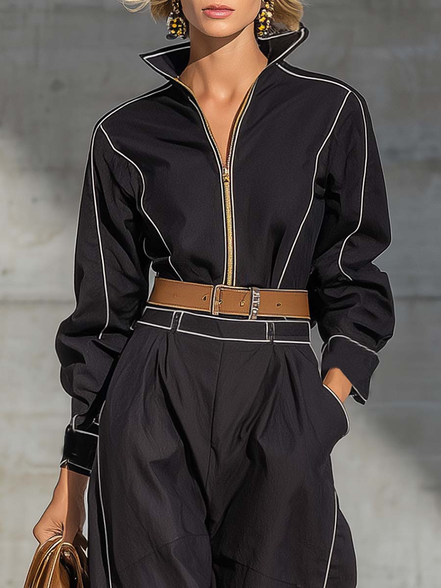 Exquisite Casual Lapel Front Zipper White Piping Black Jumpsuit