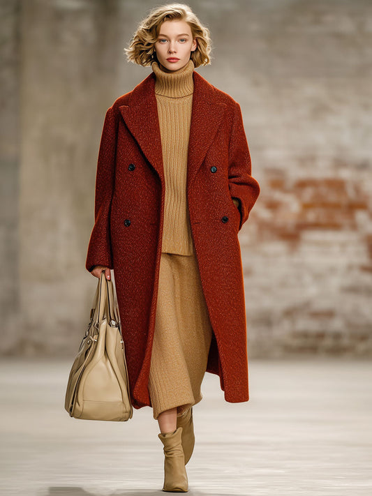 Fashionable Loose Retro Brick Red Woolen Long Coat