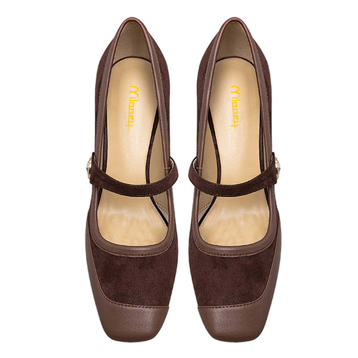 Elegant Brown Square Toe Patchwork Kitten Heel Mary Jane Pumps