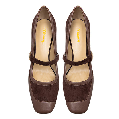 Elegant Brown Square Toe Patchwork Kitten Heel Mary Jane Pumps