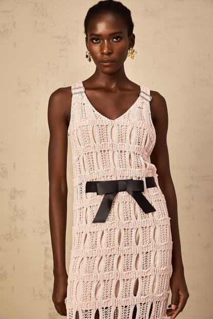Elodie pink bowknot crochet-knit midi dress