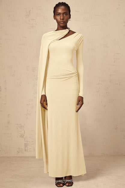 Josette Yellow Diagonal Shawl Fitted Maxi Dress