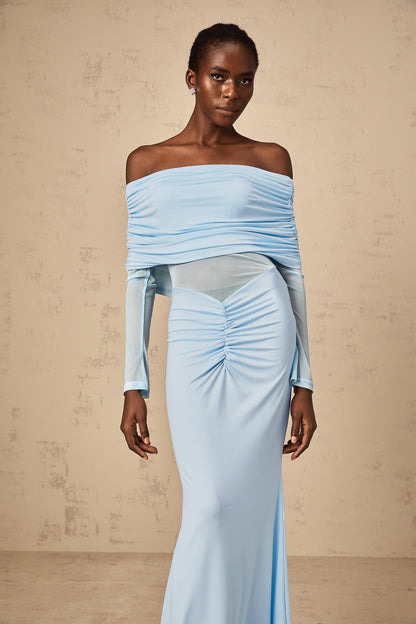 Ninon blue off-shoulder ruched maxi dress