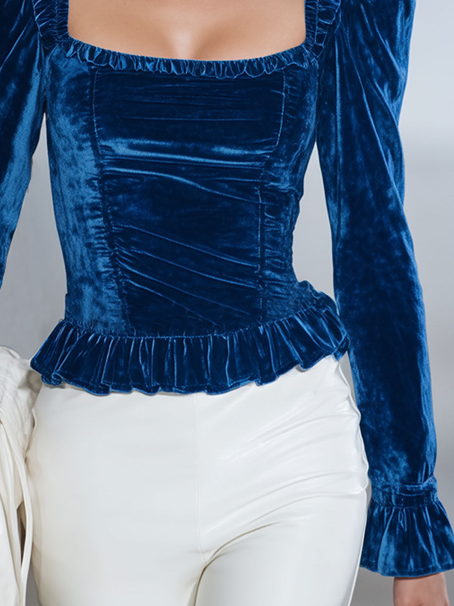 Elegant Blue Velvet Mock Collar Ruffled Long Sleeve T-shirt