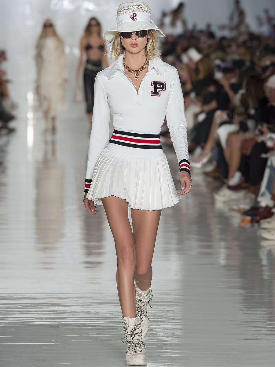 Fashionable Preppy White Half-zip Lapel Pleated Mini Dress