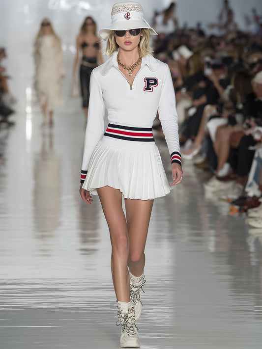 Fashionable Preppy White Half-zip Lapel Pleated Mini Dress