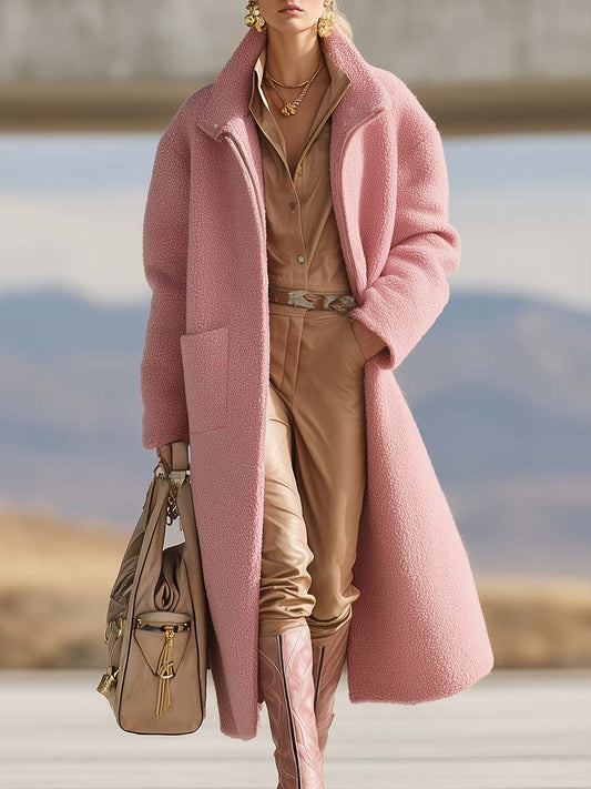 Fashionable Western Versatile Lapel Front Zipper Pink Polar Fleece Coat