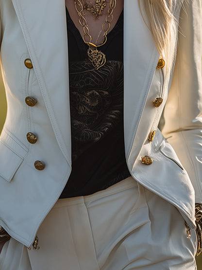 Fashion Retro White Faux Leather Epaulette Button Blazer