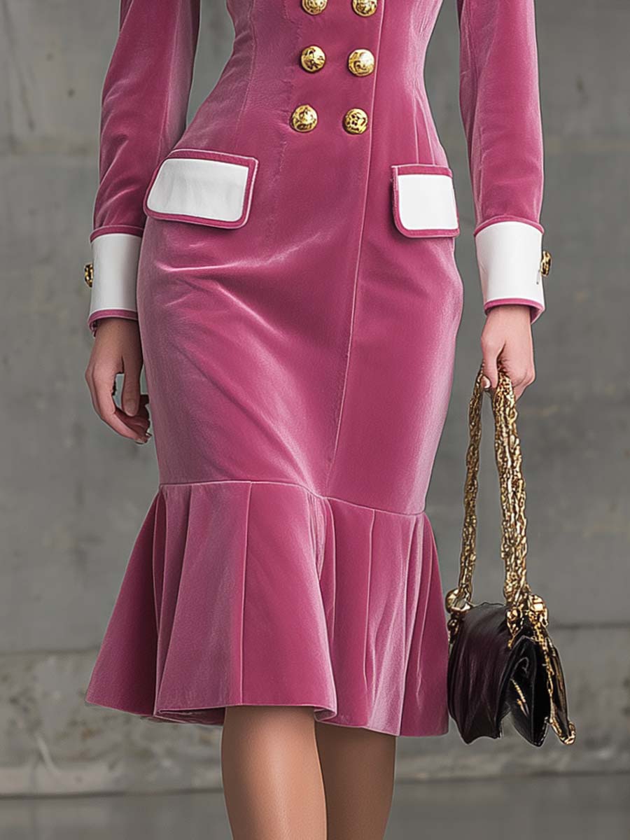 Elegant And Exquisite Retro Contrast Color Notch Lapel Double-breasted Lotus Leaf Hem Pink Velvet Midi Dress