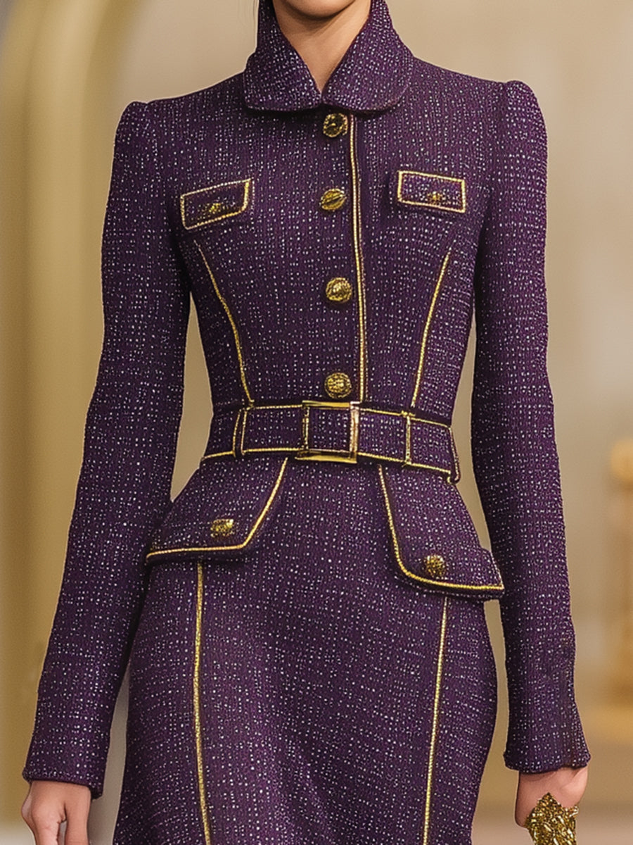 Elegant Purple Tweed And Gold Maxi Dress