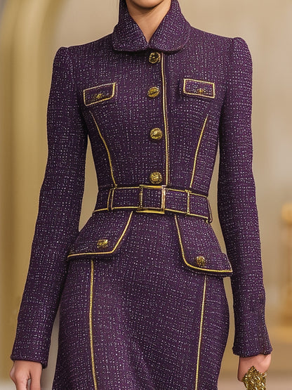 Elegant Purple Tweed And Gold Maxi Dress