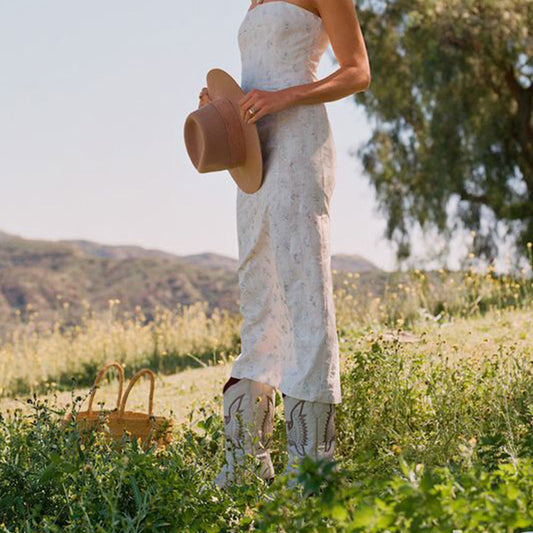 Embroidered Mid-Calf Snip Toe White Western Boots for Women