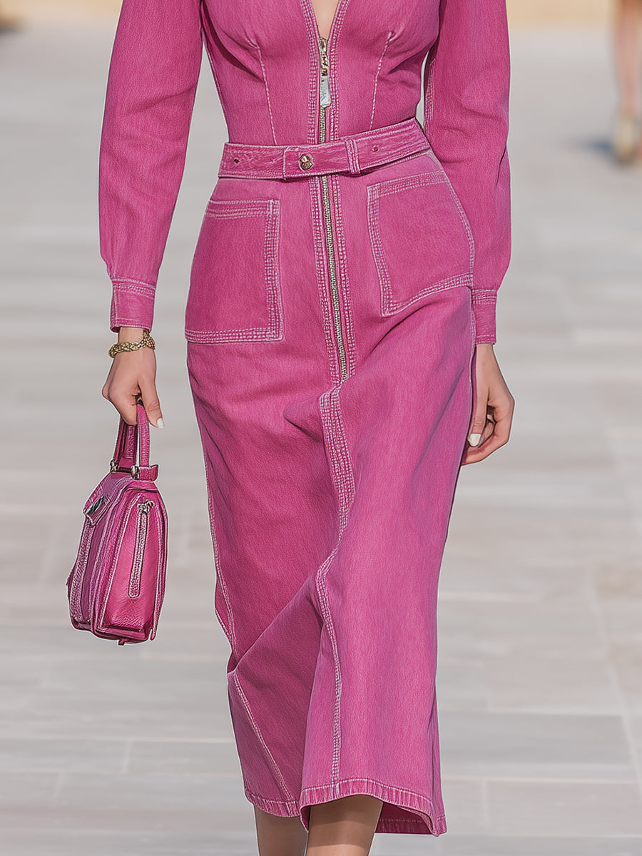 Exquisite And Fashionable V-neck Dragon Fruit Color Denim Midi Dress