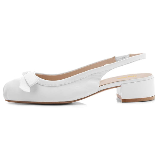 Elegant White Bow Decor Square Toe Block Heel Slingback Pumps