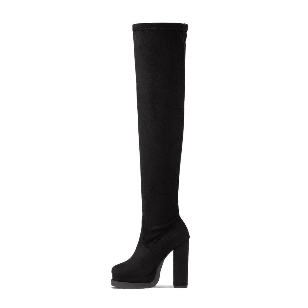 Fashion Black Round Toe Chunky Heel Thigh High Boots with Platform