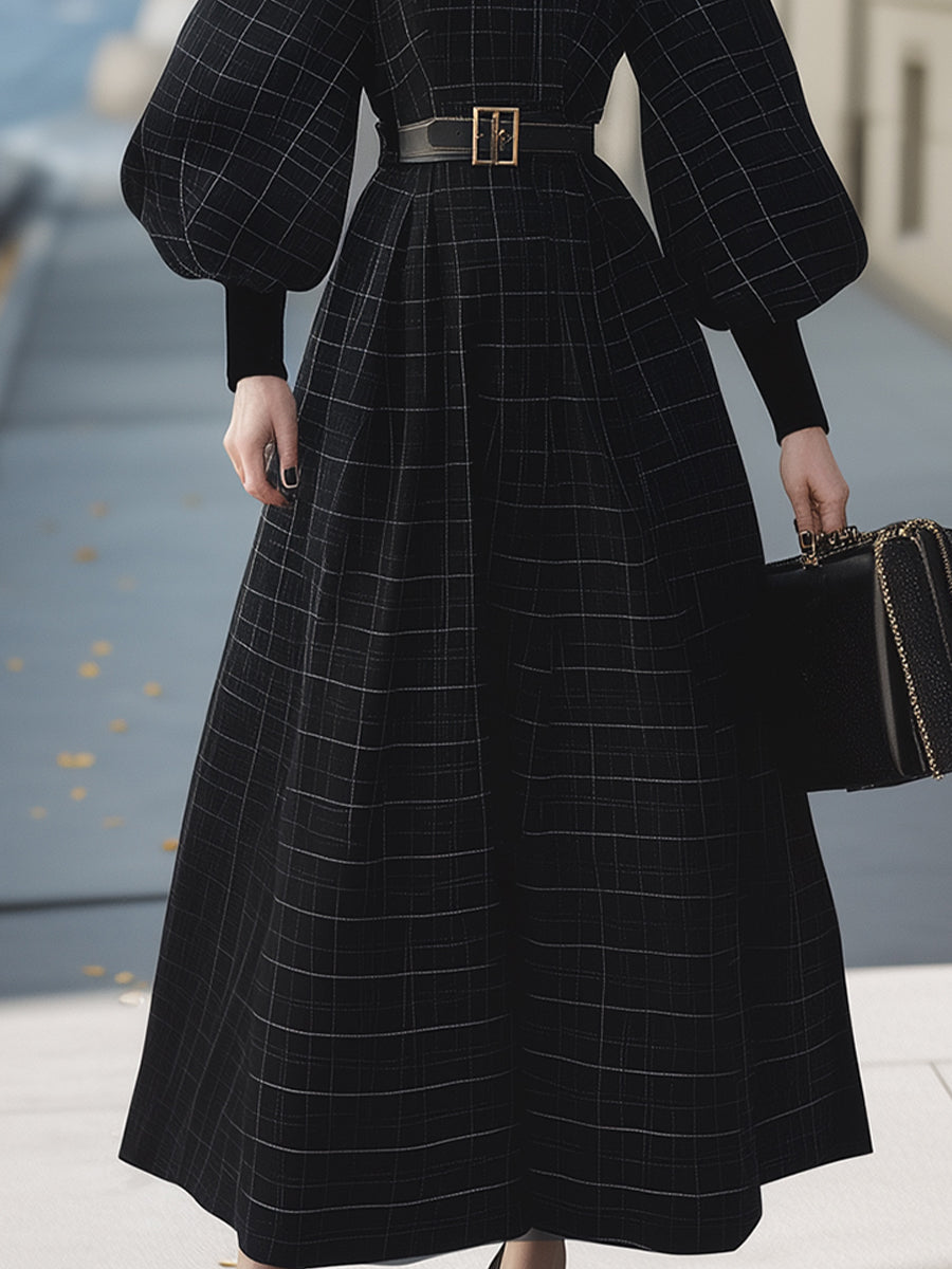 Elegant Wool-blend Black Plaid Belted Maxi Dress